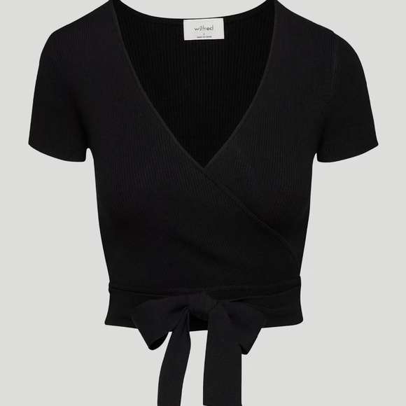 Aritzia Wilfred All Tied Up Sweater Short Sleeve Black Wrap Ribbed Knit XS - Picture 5 of 6